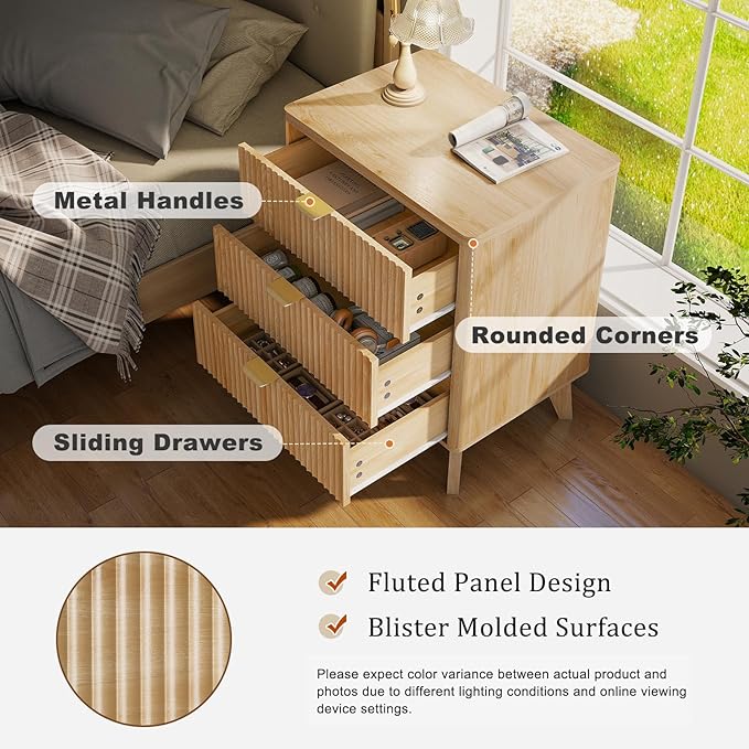 LYNCOHOME Fluted Night Stand with 3 Drawers, Modern Wood Chest of Bedside Table with Curved Profile, Fluted Dresser Organizer for Bedroom