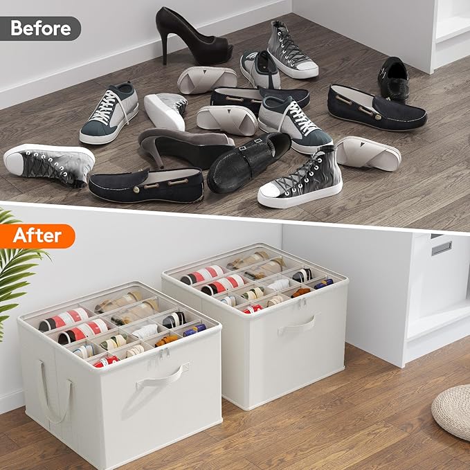 Lifewit Shoe Storage Organizer for Closet, Fits 12-16 Pairs, Large Shoe Box Storage Containers with Clear Cover and Reinforced Handles, Foldable Storage Bins Fits for Boots Heels Sneakers White