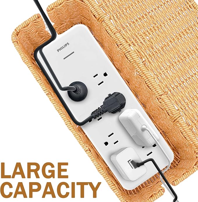 2PCS Cable Management Box, Handmade Rattan Cable Organizer, Open Slots Cords Hider Box, Under Desk Cord Organizer for Computer Router USB Hub & Power Strip