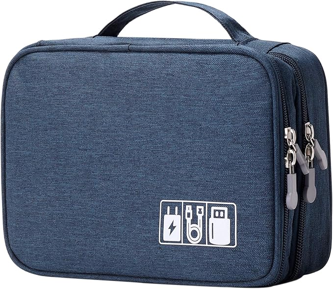 Lanola Travel Cable Organizer Bag, Electronic Accessories Case Portable Double Layer Cable Storage Bag for Cord,phone,Charger, Flash Drive, Phone, SD Card,Personal Items - (Dark Blue)