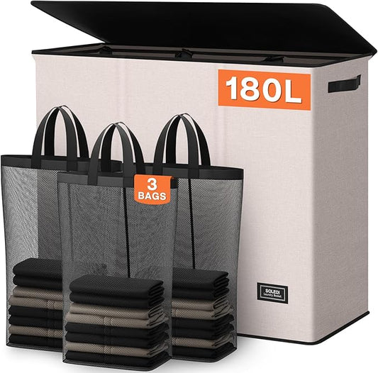 SOLEDI 180L 3-Section Laundry Hamper with Lid, Extra Large Dirty Clothes Basket with Sturdy Handles for Laundry Room & Bedroom - Durable Organizer for Sorting Laundry