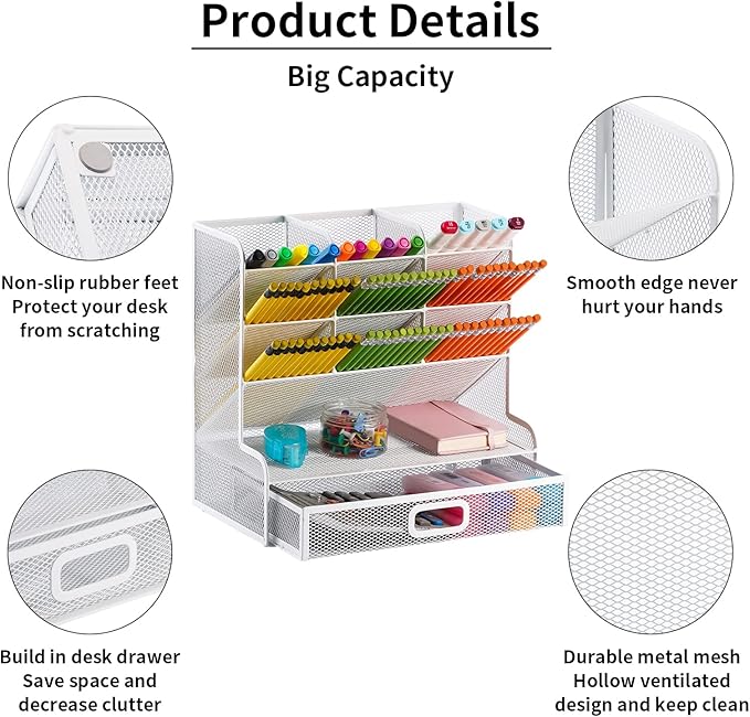 Marbrasse Mesh Desk Organizer - Multi-Functional Pen Holder with Drawer, Desktop Stationary Storage Rack for School, Home, Office, Art Supplies (White Mesh)