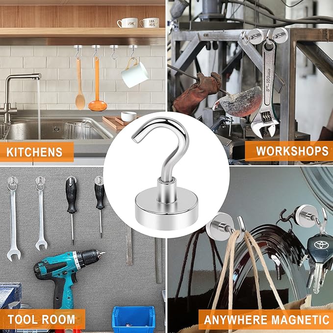 MIKEDE Magnetic Hooks Heavy Duty, 30Lbs Neodymium Magnets with Hooks for Refrigerator, 10Pcs Strong Cruise Hooks for Hanging, Magnetic Hanger for Grill, Toolbox, Storage