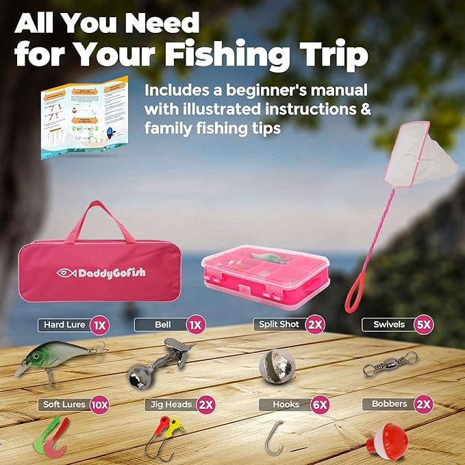 DaddyGoFish Kids Fishing Pole - Rod Reel Combo Tackle Box Starter Set - First Year Small Gear Kit for Boys Girls Toddler Youth Age Beginner Little Children
