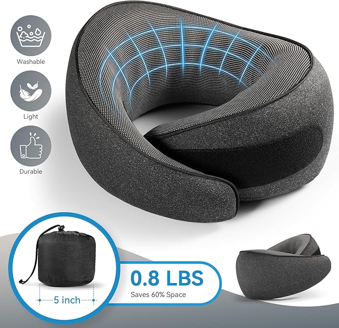 SZXYX Travel Pillows for Airplanes, 100% Pure Memory Foam Neck Pillow for Airplanes, Comfortable Breathable Cover, 360° Support Stowable Pillows for Sleeping, Car, Airport Travel Essentials Black