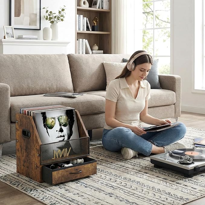 Vinyl Record Storage Crate with Fabric Drawer, Wooden LP Album Storage Holder for 12" Vinyls, All-in-One Organizer Holds 60 LPs