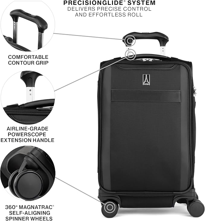 Travelpro VersaPack+ Lightweight Softside Expandable Carry on Luggage, 8 Spinner Suitcase, TSA Lock, Men and Women, Carry On 21-Inch, Black