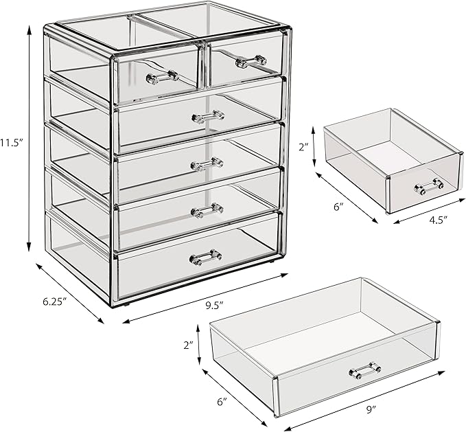 Sorbus Acrylic Makeup Organizer - Organization and Storage Case for Cosmetics Make Up & Jewelry - Big Clear Makeup Organizer for Vanity, Bathroom, College Dorm, Closet, Desk (4 Large, 2 Small Drawers)