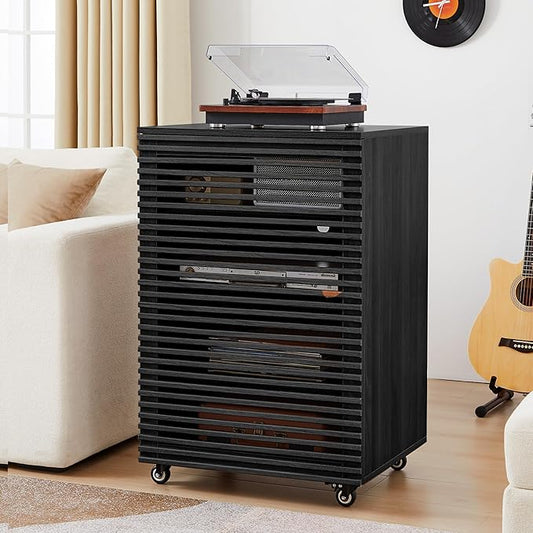 LEVNARY 5-Tier AV Media Cabinet with Grille Door, Modern Wooden Stereo Rack with Adjustable Shelves & Wheels, Audio Video Cabinet for Living Gaming Room Recording Studio (Black)