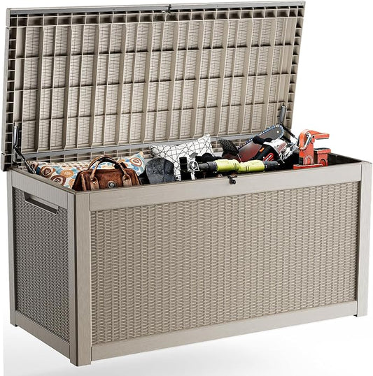 320 Gallon Outdoor Deck Box,Storage Lockable Waterproof Patio Furniture,Garden Tools,Cushions,Pool Accessories Outside Storage Resin Box(Grey)