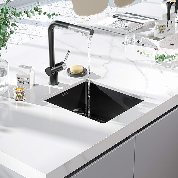 TORVA 15 x 17 Inch Gloss Black Ceramic Coating with NanoTek Undermount Kitchen Sink, PVD Coated Gunmetal Sink16 Gauge Stainless Steel Wet Bar or Prep Sinks Single Bowl, Fits 18" Cabinet,Dark Gray