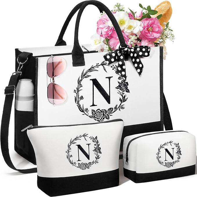 Personalized Christmas Gifts for Women, Initial Canvas Tote Bag & Makeup Bag Monogrammed Beach Tote Bags for Women w/Zipper, Birthday Gifts for Mom Her Sister Friend Girlfriend Wife Daughter Teacher