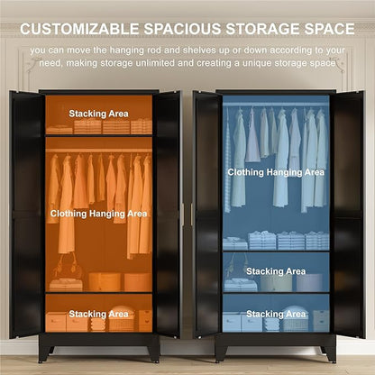 71" Tall Metal Wardrobe Closet with Adjustable Shelves and Hanging Rod, 2 Doors Free Standing Armoire Wardrobe Cabinet for Bedroom, Office, Laundry Room, Black