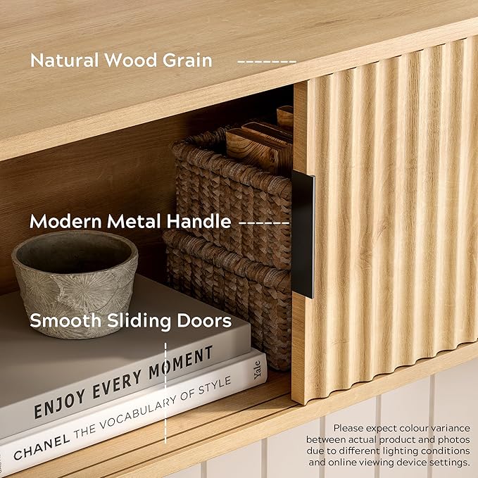 Floating TV Stands Set of 2, Modern Fluted Large Floating Nightstand Wall Mounted Bedside Cabinet with Sliding Doors for Bathroom, Living Room, Bedroom, Natural Oak