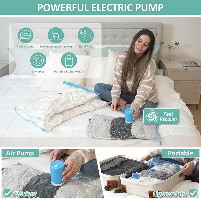 Travel Vacuum Bags with Electric Pump, 8 Pack Vacuum Travel Bags for Luggage and Suitcase, Vacuum Seal Space Saver Compression for Clothes Clothing