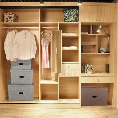 Linen Fabric Collapsible Storage Bins with Removable Lids and Handles, Washable Storage Box Containers Baskets Cube with Cover for Bedroom,Closet,Office,Living Room,Nursery (Khaki, Small)