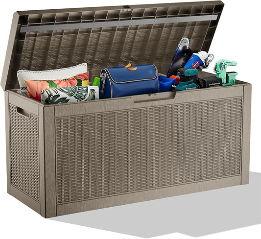 60 Gallon Deck Box,Resin Outdoor Storage Box with Lockable for Patio Furniture, Pool Accessories, Garden Tools, Waterproof Outside Storage Box, Grey Pattern