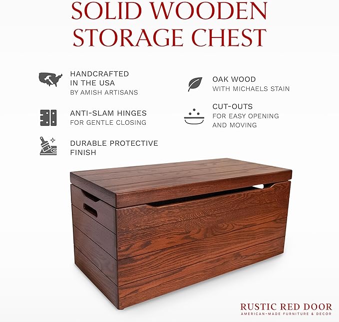 Amish Made Wooden Storage Chest Trunk Box with Lid and Handles for Bedroolanket, Clothes, Anti-Slam Hinges, Handmade, Rustic, Oak Wood, Michaels Stain, 36"