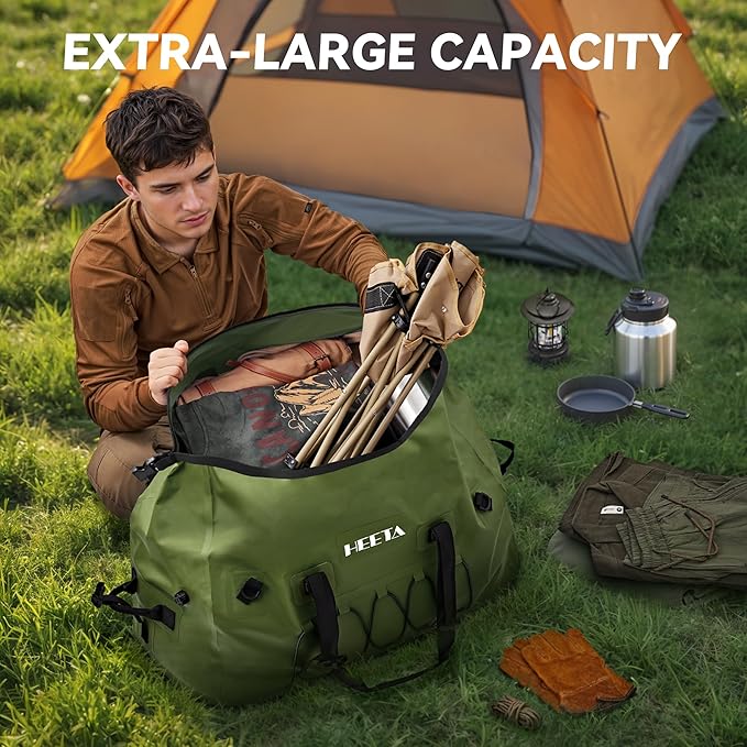 HEETA Waterproof Duffel Bag Motorcycle Dry Bag Backpack, 60L/80L Extra Large Rolltop Travel Duffle Bags with Straps & Handles for Kayaking Rafting Boating Canoeing Camping Gym Beach Cruise Ship