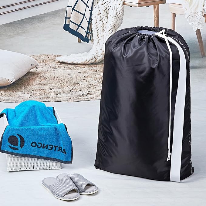 HOMEST XL Nylon Laundry Bag with Strap, Large Dirty Garments Organizer, Easy Fit a Hamper or Clothing Basket, Can Carry Up to 4 Loads of Clothes, Black