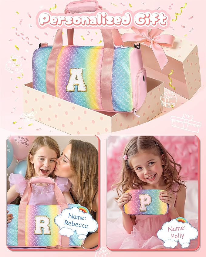 Dorm Room Essentials for Girls-Girl Gym Bag with Shoe Compartment, Kid Personalized Weekender Overnight Bags, Initial Travel Tote with Makeup Pouch, Preppy Stuff Gifts for Kids (Letter F)