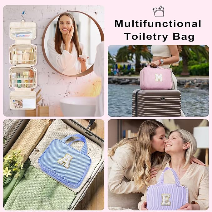 TOPEAST Travel Toiletry Bag Makeup Bag - Hanging Toiletry Bag for Women, Portable Toiletries Travel Bag and Cosmetic Bag, Airplane Travel Essentials Travel Toiletry Bag - Letter J, Pink