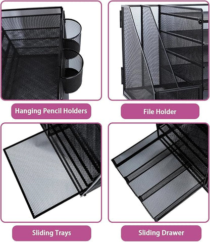 Desk Organizers and Accessories with File Holder, 5-Tier Paper Letter Tray Organiser with Drawer and 2 Pen Holder, Mesh Desktop Document Organizer for Office Supplies, Workspace - Black