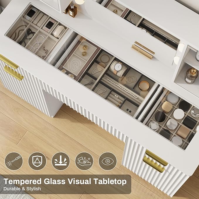 ONME 47.2" Fluted Vanity Desk with Mirror and Lights, Big Vanity with 5 Large Drawers and Adjustable Shelves, Makeup Vanity Table with Glass Top and Charging Station for Women and Girls Bedroom