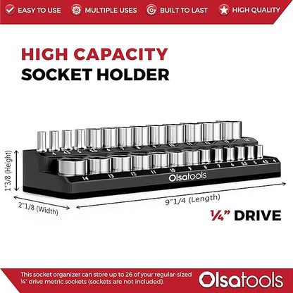 Olsa Tools Magnetic Socket Holder | 1/4-inch Drive | Metric | Black | Holds 26 Sockets | Professional Quality Tools Organizer