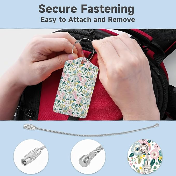Set of 2 Luggage Tags for Suitcases, Leather Groovy Flower Baggage Tags with Stainless Steel Loop, Privacy Name ID Card Cover Kawaii Travel Labels for Women Men Kids Girls
