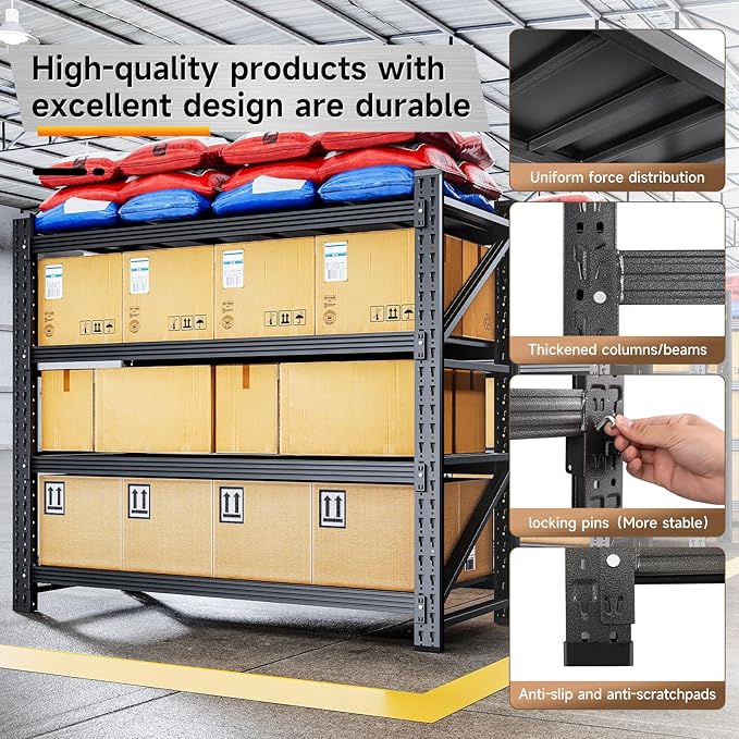3000LBS Storage Shelves,48" W Garage Shelving Heavy Duty 4 Tier Metal Storage Rack Shelf，Industrial Shelving Adjustable Shelf for Basement Warehouse 48" W x 24" D x 70" H，Black