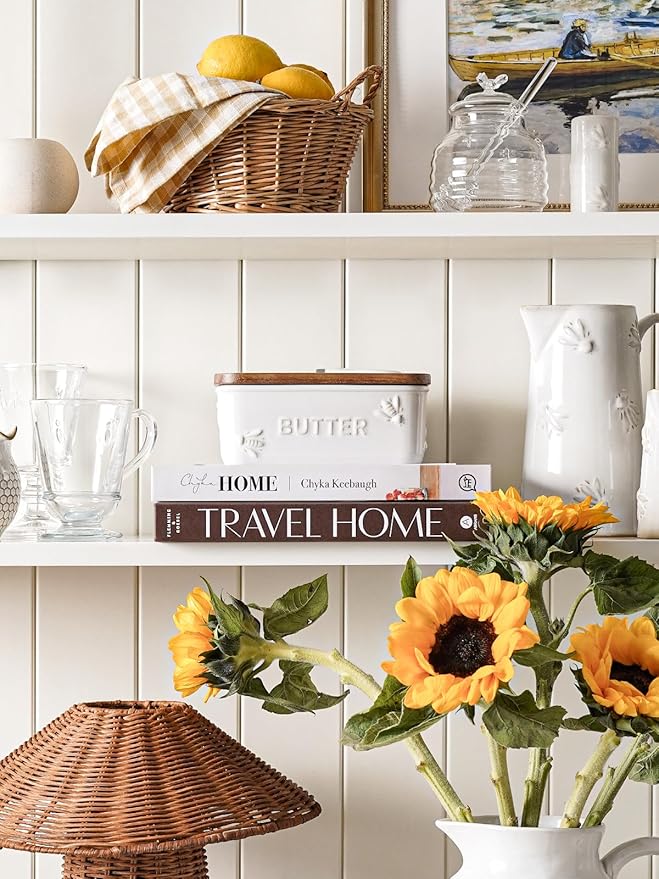 LE TAUCI Butter Dish with Lid for Countertop, Ceramic Butter Container, Embossed Butter Keeper with Acacia Wood lid, Knife, and Airtight Cover, Farmhouse Decor - Set of 1, Arctic White, Bee Pattern