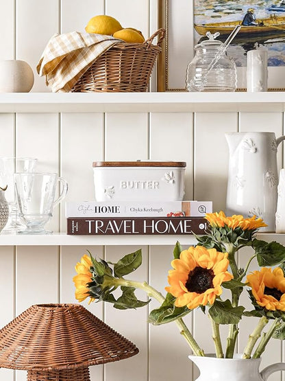 LE TAUCI Butter Dish with Lid for Countertop, Ceramic Butter Container, Embossed Butter Keeper with Acacia Wood lid, Knife, and Airtight Cover, Farmhouse Decor - Set of 1, Arctic White, Bee Pattern