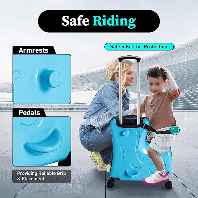 20 Inch Children's Ride On Trolley, Toddler Luggage Seat Ride with Lock, Kid's Ride-on Travel Suitcase with Spinner Wheels, Kids Travel Trolley Riding Luggage Suitcase for Boys Girls Gift, Blue