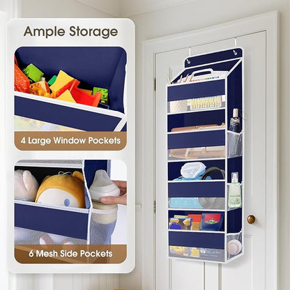 1 Pack Over The Door Organizer, Hanging Storage Organizer with Clear Window, 40lb Ultra Sturdy Large Capacity Room Organizer for Pantry Laundry Bathroom Nursery Closet (Blue)
