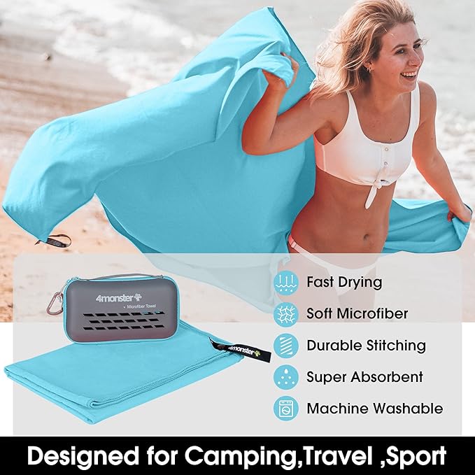 4Monster Camping Towels Super Absorbent, Fast Drying Microfiber Travel Towel, Quick Dry Ultra Soft Compact Gym Towel for Swimming Beach Hiking Yoga Travel Sports Backpack (31.50" x 15.80", Lake-green)