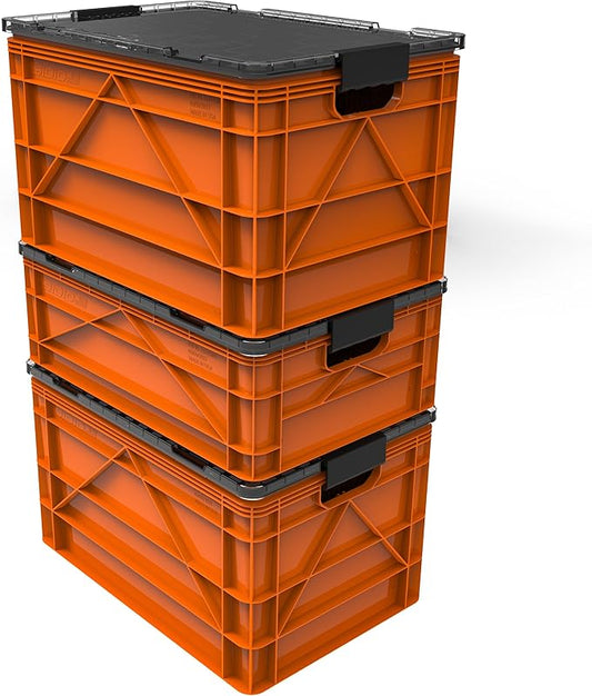 SIDIO CRATE Starter Pack - Two Full Size and One Half Size SidioCrate, Stackable Outdoor Organizer Storage Bins with Clear Lid and Dividers - Orange