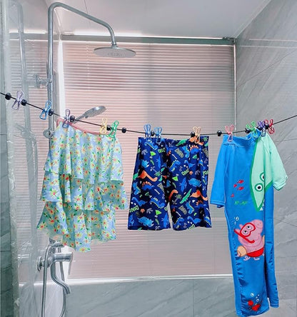 1 Pack Portable Clothesline with 12 Clothespins, Windproof Travel Clothesline Stretchy Retractable Elastic Laundry Clothes Line for Backyard, Vacation Hotel, Balcony Clothes Drying Line (Color)