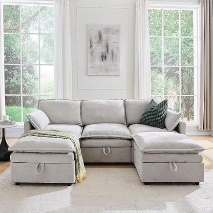 88.98" Sectional Couches for Living Room, Cloud Couch Sectional with Large Storage, U-Shape Modular Sectional Sofa with Ottoman, 5 Chenille Seater with Pillow for Apartment, Bedroom, Light Grey