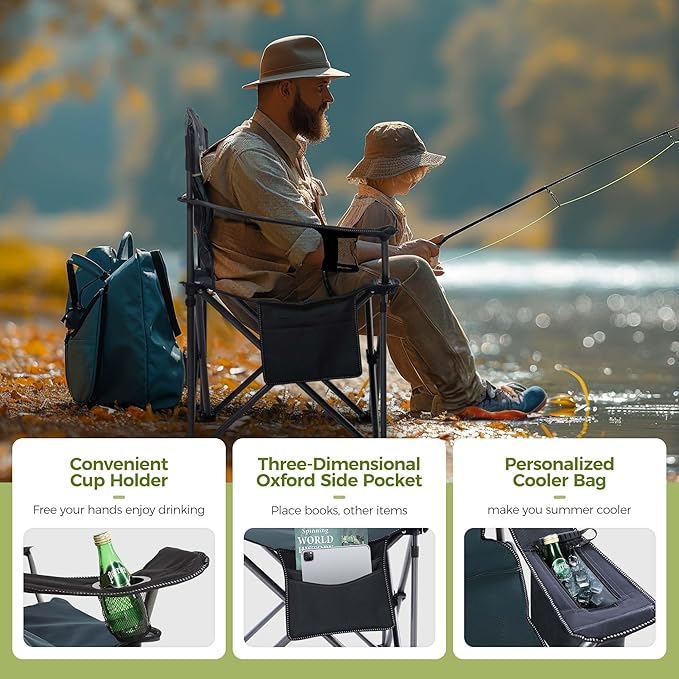 ALPHA CAMP Oversized Camping Chair Heavy Duty Lawn Chair with Cooler Bag Support 450 LBS Steel Frame Collapsible Padded Arm Quad Lumbar Back Folding Chair for Lawn Outdoor