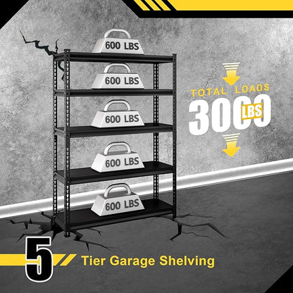 48" W Garage Shelving Heavy Duty，3000LBS Loads Metal Shelving Units and Storage,5-Tier Garage Storage Shelves Heavy Duty, Industrial Utility Shelves,48”W x 24”D x 78”H(Black)