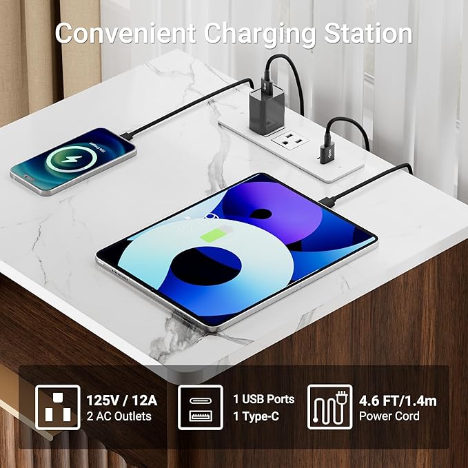 Large Fluted Night Stand Set of 2 with Charging Station, 23" Modern End Table with Faux Marble Top, 2 Drawers Side Table with Storage, Nightstand for Bedroom, Curved Profile Design (Walnut)