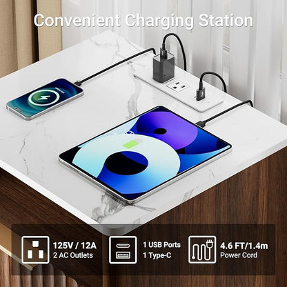 Large Fluted Night Stand Set of 2 with Charging Station, 23" Modern End Table with Faux Marble Top, 2 Drawers Side Table with Storage, Nightstand for Bedroom, Curved Profile Design (Walnut)