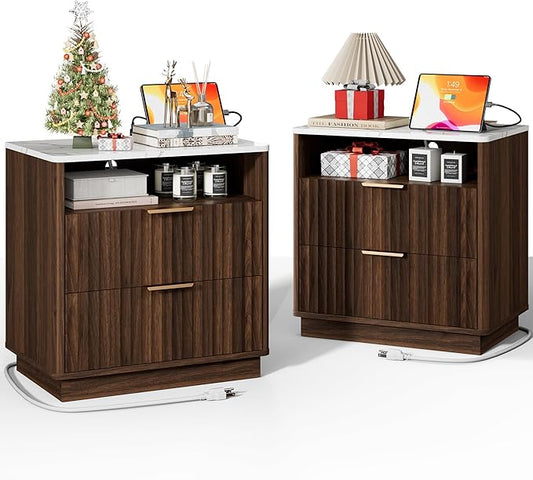Large Fluted Night Stand Set of 2 with Charging Station, 23" Modern End Table with Faux Marble Top, 2 Drawers Side Table with Storage, Nightstand for Bedroom, Curved Profile Design (Walnut)