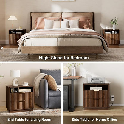 Large Fluted Night Stand with Charging Station, 23" Mid-Century Modern Nightstand, 2 Drawers End Table with Storage, Bedside Table for Bedroom Sofa Home Office, Curved Profile (Walnut)