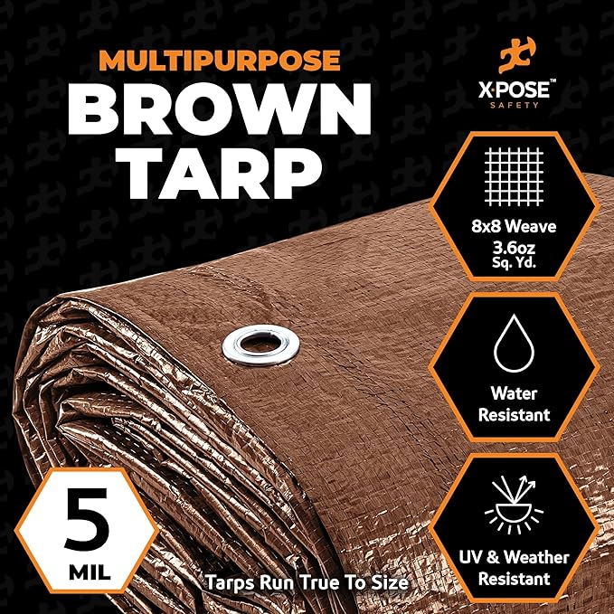 Multipurpose Protective Cover Brown Poly Tarp 16' x 20' - Durable, Water Resistant, Weather Resistant - 5 Mil Thick Polyethylene - by Xpose Safety