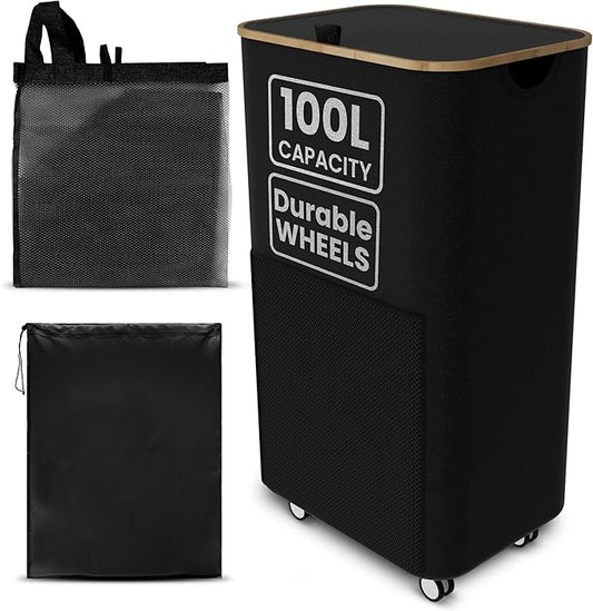 Laundry Basket with Wheels and Handle - 100L Bamboo-Fabric Laundry Hamper with Lid, Front Mesh Pocket, Travel Bag, Sturdy Wheels, Black