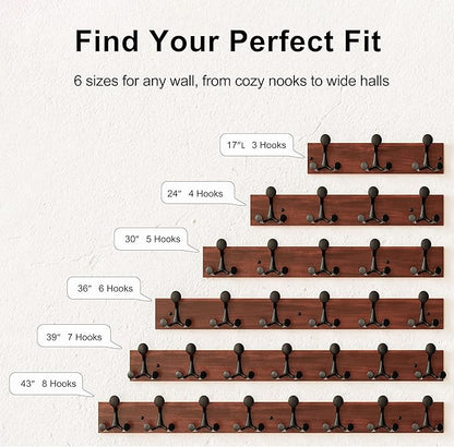 SKOLOO 30-Inch Cherry Wood Coat Rack Wall Mount with 5 Triple Hooks - Ideal for Family Entrances, Classrooms, and Pet Supplies Storage - Perfect Coat Hooks for Wall