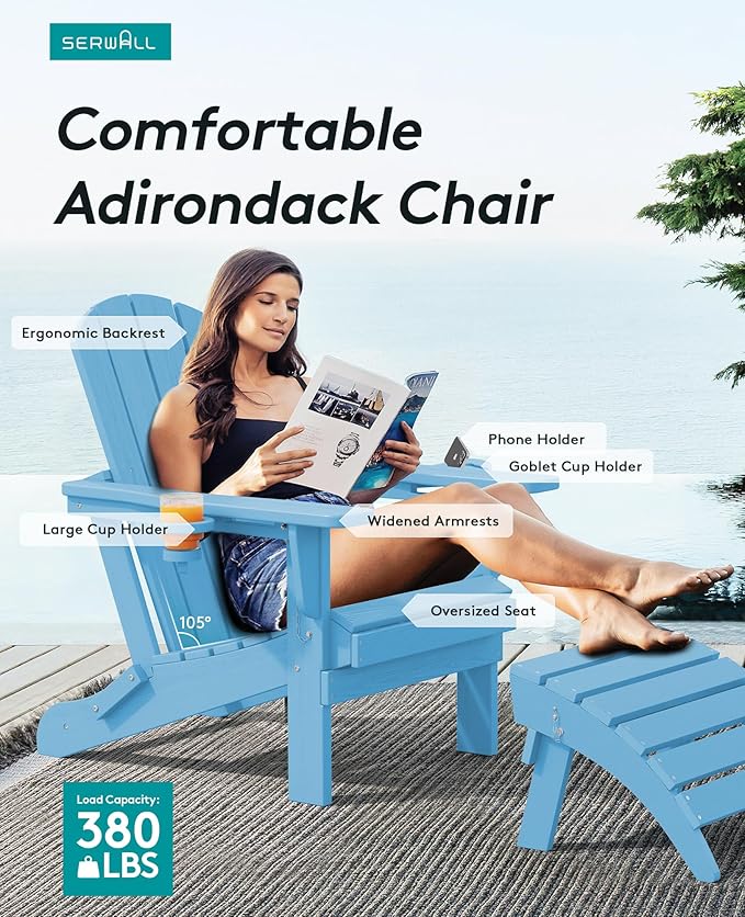 SERWALL Adirondack Chair with Cup Holders - Composite Adirondack Chairs HDPE Outdoor Chairs Set of 2 All Weather Use- Light Blue