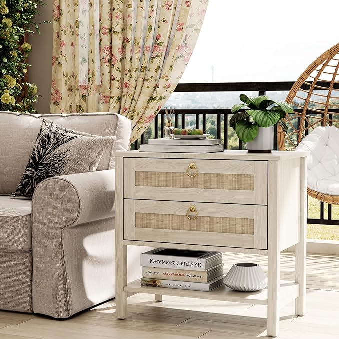 Wooden Nightstand Set of 2, Boho Side Tables with 2 Woven Rattan Drawers and Storage Shelf, Bedside Tables for Bedroom, or Home Office